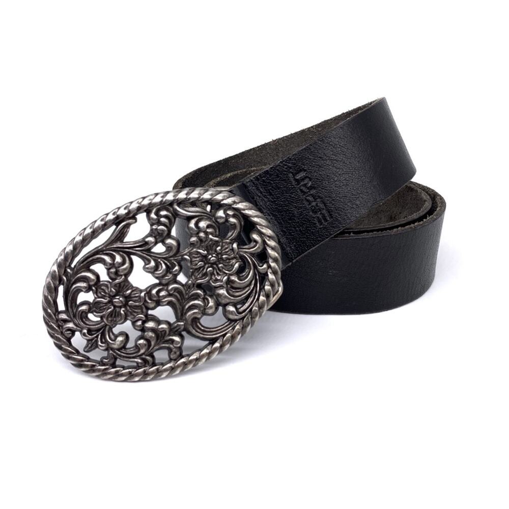 ESPRIT Genuine Leather Belt Floral Belt Buckle Black Silver 80CM